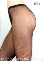 Close-up of black fishnet pantyhose on model, showing texture and mesh style