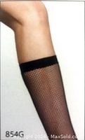 Close-up photo showing microrete fishnet style knee-high hosiery on a model's leg in black color.