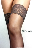 Photo of sheer pantyhose on legs showing lace top band in sandy shade.
