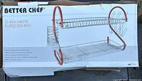 Box image of Better Chef 22-inch chrome plated dish rack showing full product with red handles and utensil holder.