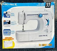 Photo of the boxed Euro-Pro X sewing machine showing features including 32 stitch functions, automatic buttonholer, precision stitching, and metal construction.