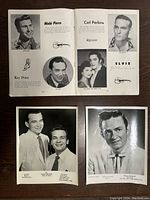 Two open pages from the souvenir program with black-and-white photos and biographies of Webb Pierce, Carl Perkins, Elvis Presley, and Ray Price, along with two separate black-and-white 8x10 photos; one of Johnny Cash and one of Doyle Wilburn.