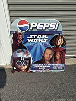 Full front view of large rectangular metal Pepsi advertisement sign featuring Star Wars Episode I characters and promotional contest text.