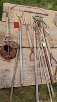 Photo showing the variety of long-handled garden tools including pitchforks, rakes, edger, and a bow saw on a wooden board.