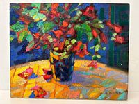 Full view of oil painting on white wall, signed lower right