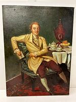 Full frontal photo of the oil painting depicting an aristocrat seated beside a tea set and samovar.