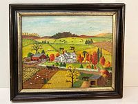 Full view of framed oil painting showing farmhouse, barn, fields, trees