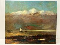 Full view of oil painting on canvas showing coastal scene with sailboat, stormy clouds and dark foreground.