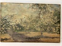 Front view of oil on canvas landscape painting showing blossoming trees, dirt path and cloudy sky