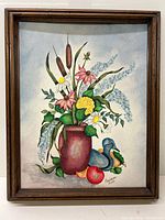 Full view of the framed oil painting showing floral arrangement, two blue ducks, and fruit.