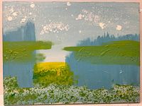 Full view of abstract landscape painting with blue, green and yellow blocks