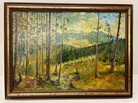 Full view of framed oil on canvas landscape painting depicting forest and mountains.