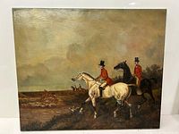 Full view of oil painting showing two hunters on horseback and distant riders in a hunting scene.