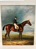 Full view of the signed oil on canvas painting showing the man seated on a chestnut brown horse in profile with countryside background.