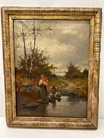 Frontal photo of the painting showing the full scene with the woman and children crossing the rocky stream under a partly cloudy sky in a peaceful rural landscape.
