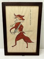 Framed full view of the watercolour painting depicting a proud fox figure holding a sword, titled 'Reinecke Fuchs'. Shows the full artwork and part of the frame.