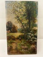 Full view of the oil on canvas painting showing the landscape with trees, path, and figure.