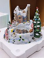 Front top view of the bisque porcelain candle holder depicting a snow covered house, Christmas trees, snowmen, candy canes, and various holiday decorations around a central candle space.