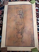 Full view of vintage print showing the entire artwork depicting a simple linear figure with a neutral background and signature in the lower right corner.