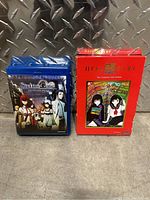 Photo showing front covers of Steins;Gate and Hell Girl Blu-ray sets in their cases against a metal background.