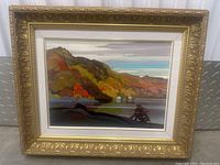 Frontal view of the framed painting showing overall condition, scene, and frame.