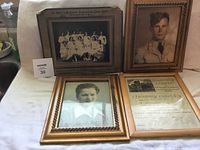 Four framed vintage photos/documents arranged on a flat surface showing the graduation photo, military portrait, female portrait, and certificate.
