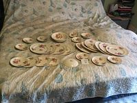 Full display of all plates and bowls laid out, showing floral patterns and quantity.