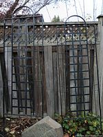 Photo showing two tall black metal garden trellises with arched tops and grid designs leaning against a wooden fence outdoors.