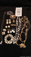 Photo showing full assortment of jewelry including earrings, brooches, and necklaces laid flat on black background
