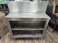 Front view of stainless steel shelving unit showing two shelves and backsplash.