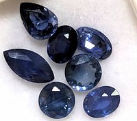 Seven loose blue sapphires of varying shapes and cuts with visible faceting and deep blue color laid on a white surface.