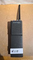 Front view of black Motorola MT500 walkie-talkie showing speaker grille and logo.