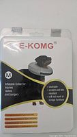 Photo of the packaging showing brand E-KOMG and features of the inflatable collar for dogs medium size
