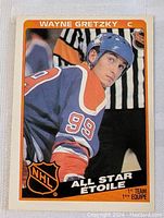 Front view of Wayne Gretzky hockey card in Edmonton Oilers uniform, number 99, with all star designation and 1st team mention.