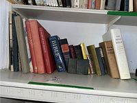 Shelf with a selection of Bibles of various sizes and editions along with some other books, mostly hardcover.