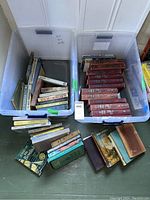 Two plastic bins filled with vintage books including hardcover 1920s St. Nicholas Magazines with red covers and various classic novels.