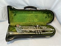 Opened hard shell case showing trumpet inside on green velvet lining