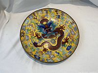 Top-down view showing full circular plate with central dragon on yellow background and multicolor cloud motifs