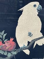 Close-up of the parrot and pomegranates showing detailed feathers, beak and fruit detail.