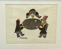 Close view of printed design showing three figures carrying fish