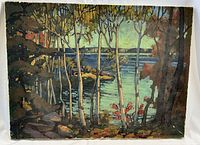 Full front view of painting showing lakeside landscape with birch trees