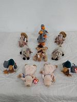 Top view of all Ty Beanie Baby farm animal plush toys arranged on a white surface, showing pigs, ducks, goats, horses, and squirrels with tags attached.