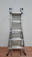 Full view of ladder in compact step-ladder position showing the aluminum rungs and blue locking knobs on top ends.