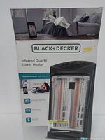 Boxed Black & Decker Infrared Quartz Tower Heater showing front of box with product image and features