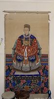Full view of hanging scroll with top rod and mounted portrait
