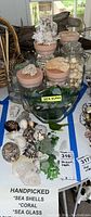 Image showing collection of seaglass in a glass bowl labeled SEA GLASS, assorted shells spread around it, and seven jars containing shells and coral on a table.