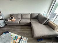 Full view of the gray sectional couch with chaise showing its size and structure.