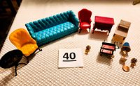 Full set photo showing all miniature furniture pieces and lamps arranged on a textured surface, including contests for detailed condition and completeness.