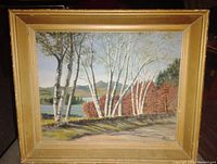 Frontal view of the signed oil painting showing the birch tree landscape and gold frame.