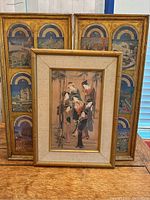 Photo of the single framed Asian artwork print in the front showing seven women in traditional dress with bamboo trees and bamboo styled frame.